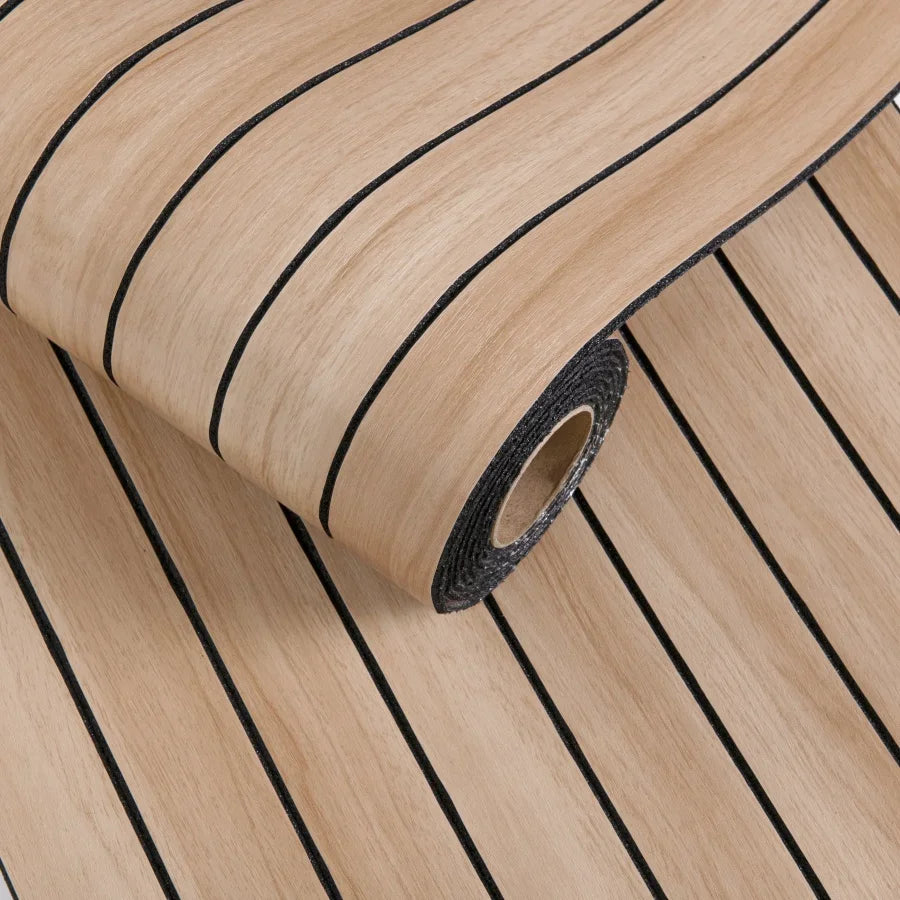 Roll of light wood grain wallpaper with black vertical stripes