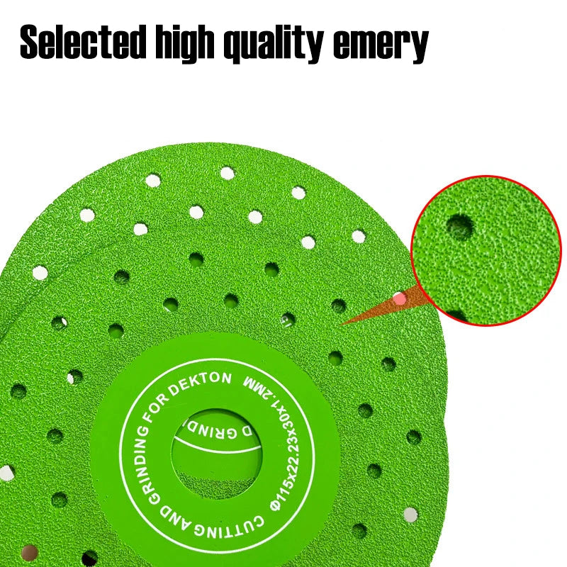A green diamond grinding and cutting wheel for Dekton, featuring numerous holes.