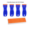 A set of four blue plastic scrapers with 100 individual blades and one orange razor blade scraper.