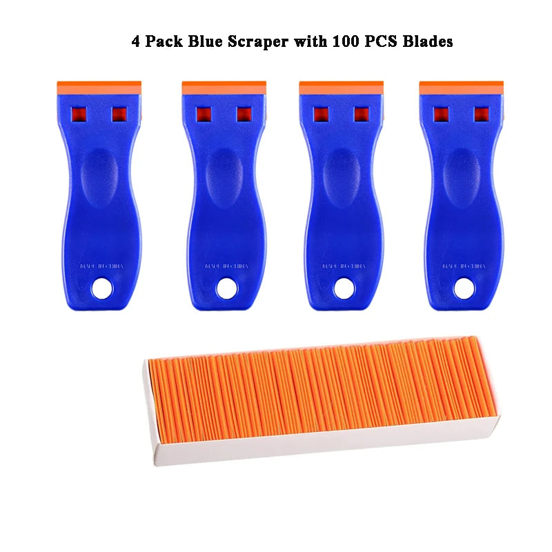 A set of four blue plastic scrapers with 100 individual blades and one orange razor blade scraper.