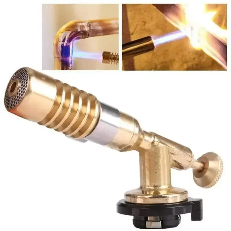 A professional gas torch used for brazing and soldering, showing a metal tip and a fuel connection.