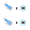 Two blue insulated crimp terminals are shown, with dimensions 6.5mm x 0.24in and 22mm x 0.87in, next to a quantity of 50.