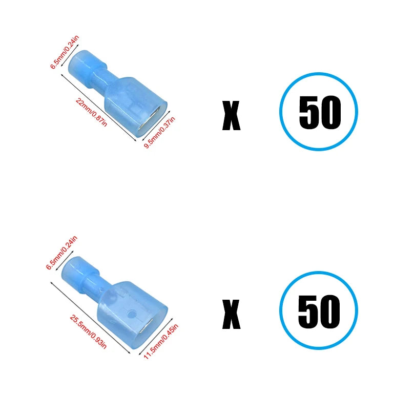 Two blue insulated crimp terminals are shown, with dimensions 6.5mm x 0.24in and 22mm x 0.87in, next to a quantity of 50.