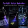 A multi-spectrum UV flashlight is shown verifying currency, detecting pet stains, and used for professional inspection.