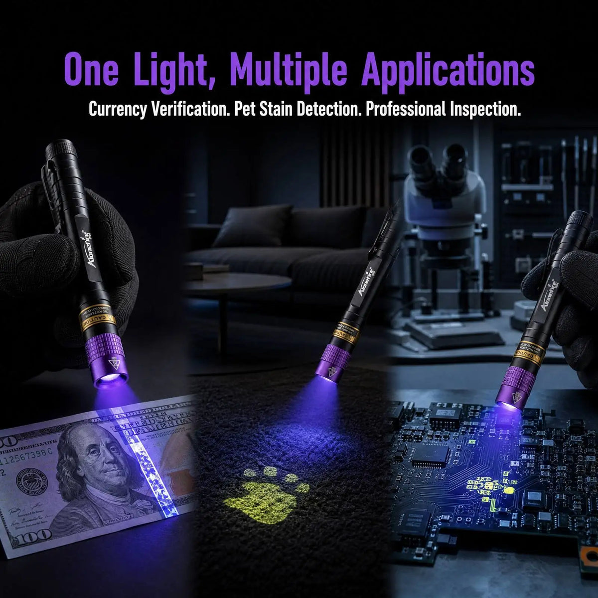 A multi-spectrum UV flashlight is shown verifying currency, detecting pet stains, and used for professional inspection.