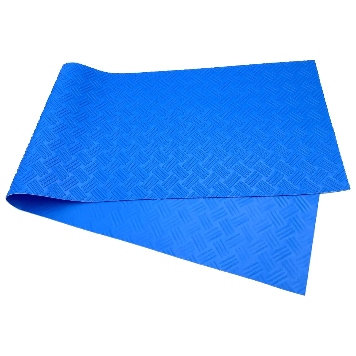 A bright blue non-slip pool ladder mat folded and laid out.