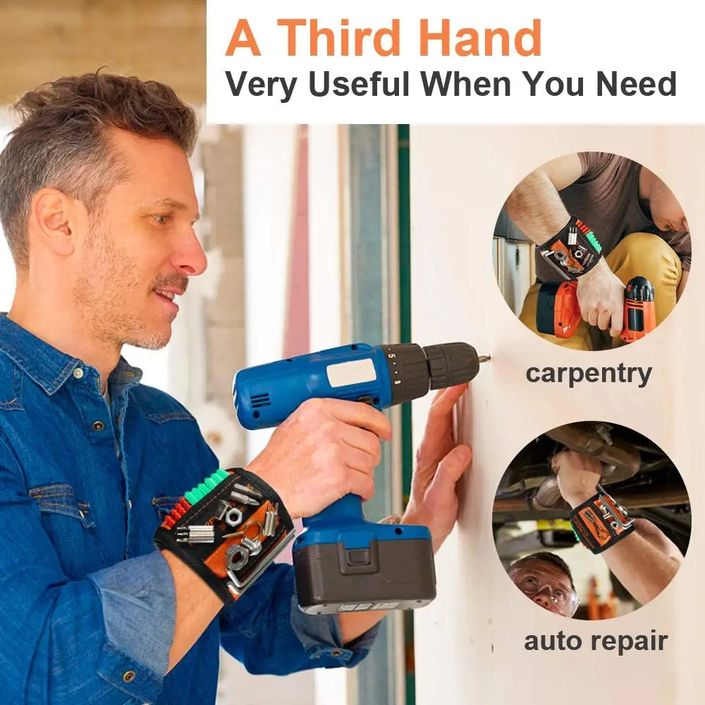 A man is using a magnetic wrist strap tool for carpentry and auto repair on a white surface.