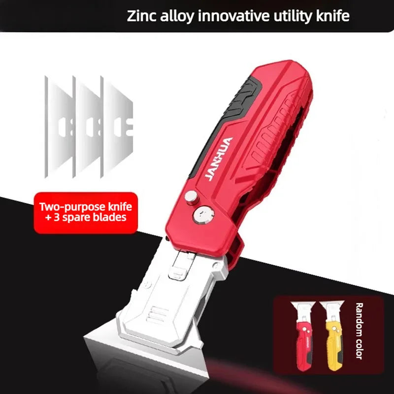 Red Zinc alloy utility knife with a folding blade and three spare blades shown on a dark background