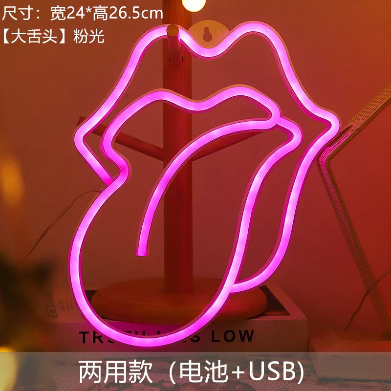 A glowing neon pink lip shape decoration mounted on a wooden stand, designed for use with batteries or USB.
