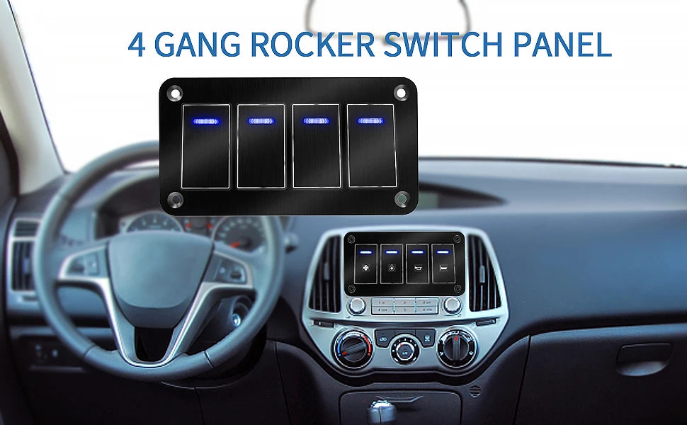 Gros plan d'un panneau de commutateur rocker à quatre fils installé dans le tableau de bord d'une voiture.