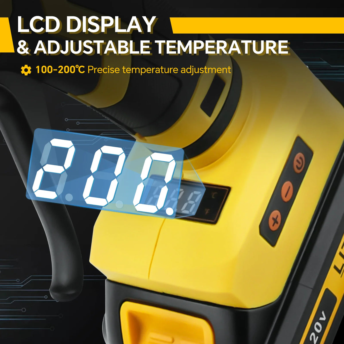 Close-up of a yellow cordless hot glue gun with an LCD display showing 200 degrees.