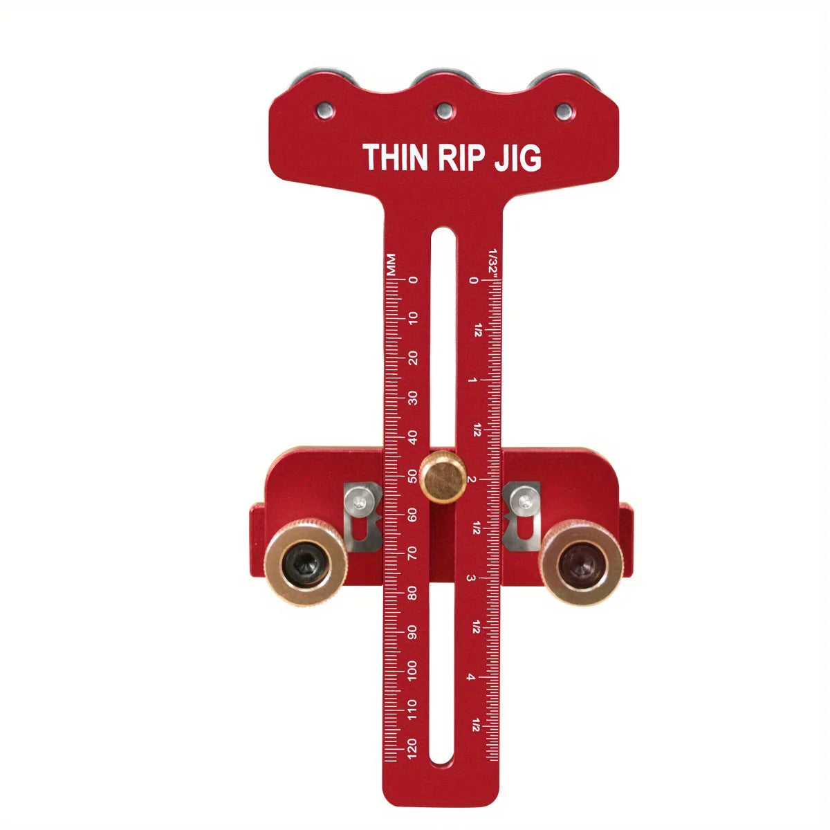 A red precision thin rip jig for table saws with a millimeter scale.