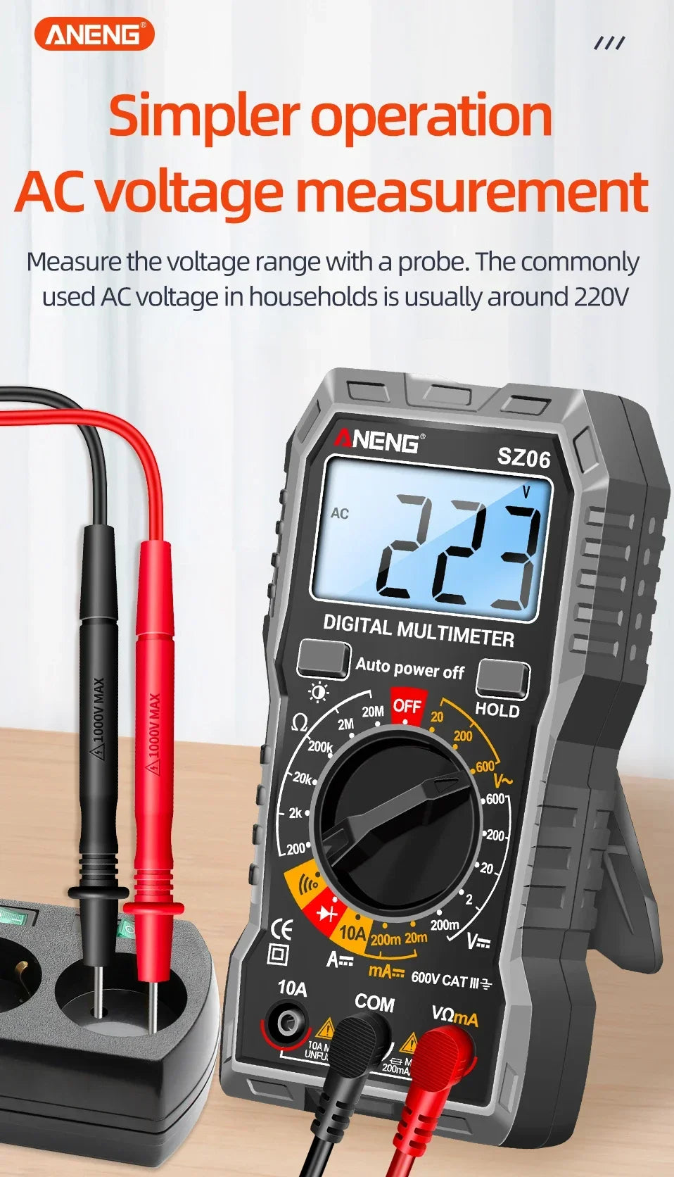 A digital multimeter is shown next to a probe and an AC voltage measurement setup for electrical testing.