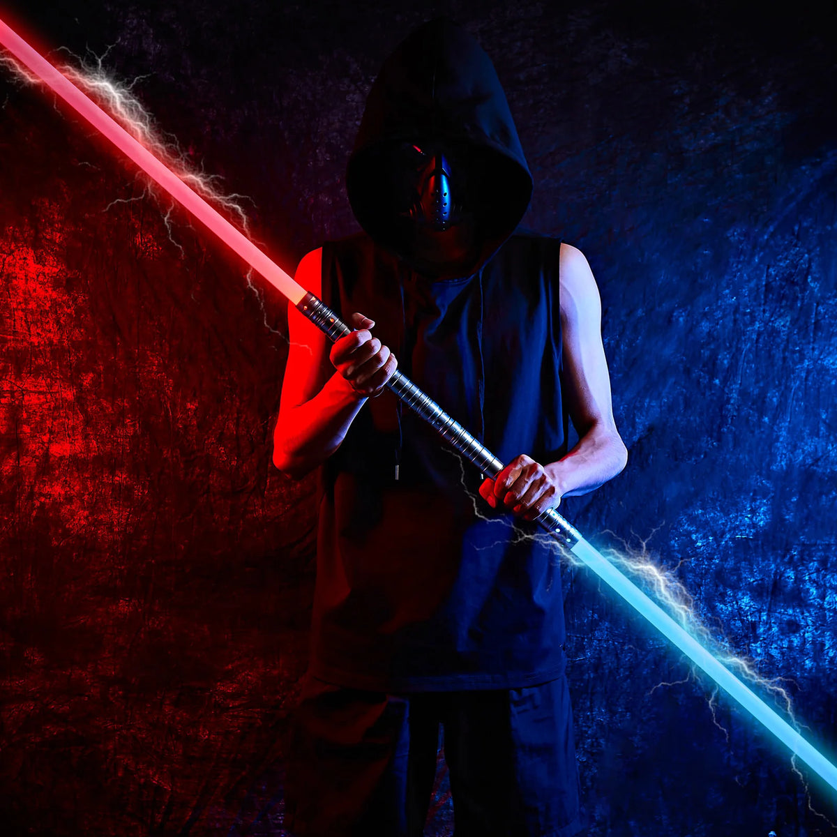 A person wielding a glowing red lightsaber against a dark, textured background.