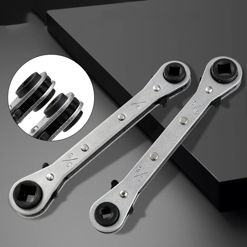 A silver 4-in-1 multi-size refrigeration ratchet wrench is shown with an inset detail view.
