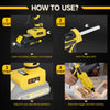 Instructions for using a cordless high-temperature hot glue gun kit showing battery insertion, glue stick insertion, temperat