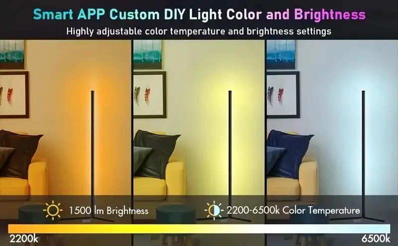 Lampe de sol intelligente affichant les réglages ajustables de la température et de la luminosité de la lumière.