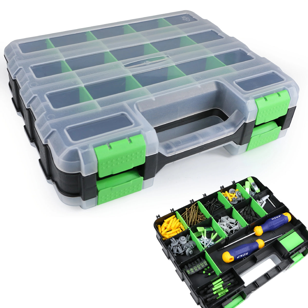 Caja de almacenamiento multicompartimento clara y negra con acentos verdes, mostrando diversas herramientas y objetos pequeño