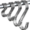 A set of silver stainless steel hanging hooks with curved shapes mounted on a metal rod.