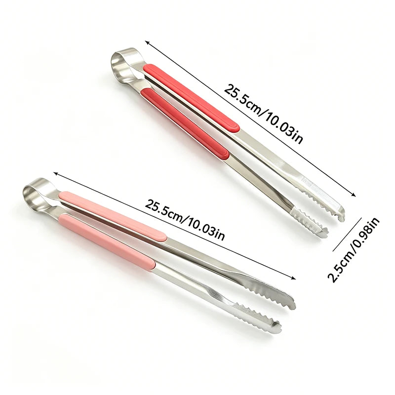 A set of stainless steel BBQ grill tongs and kitchen clips, showing various sizes and dimensions.