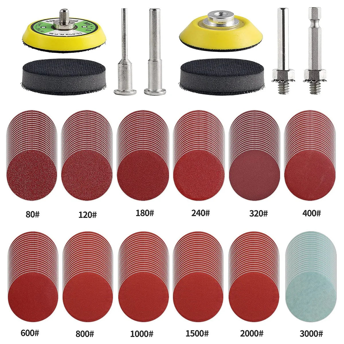 A collection of multi-grit alumina sanding discs in various sizes and shades of red and green.