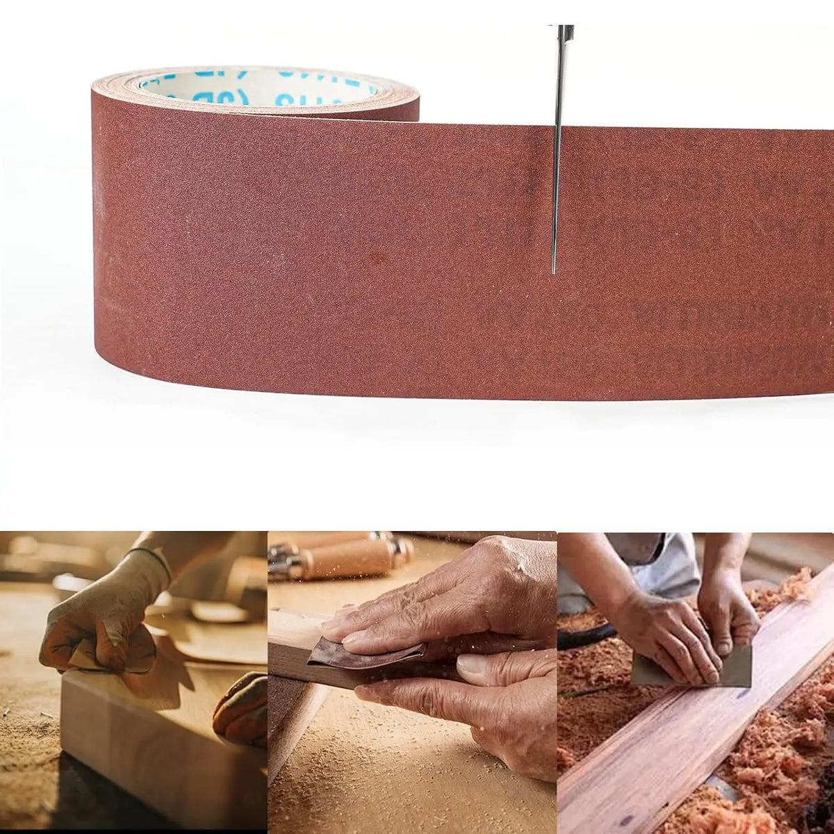 Rolls of reddish-brown aluminum oxide sandpaper used for sanding wood and metal surfaces.