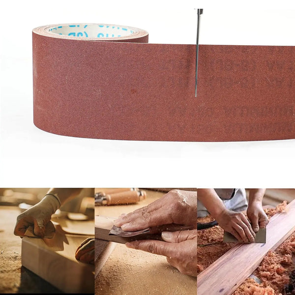 Rolls of reddish-brown aluminum oxide sandpaper used for sanding wood and metal surfaces.