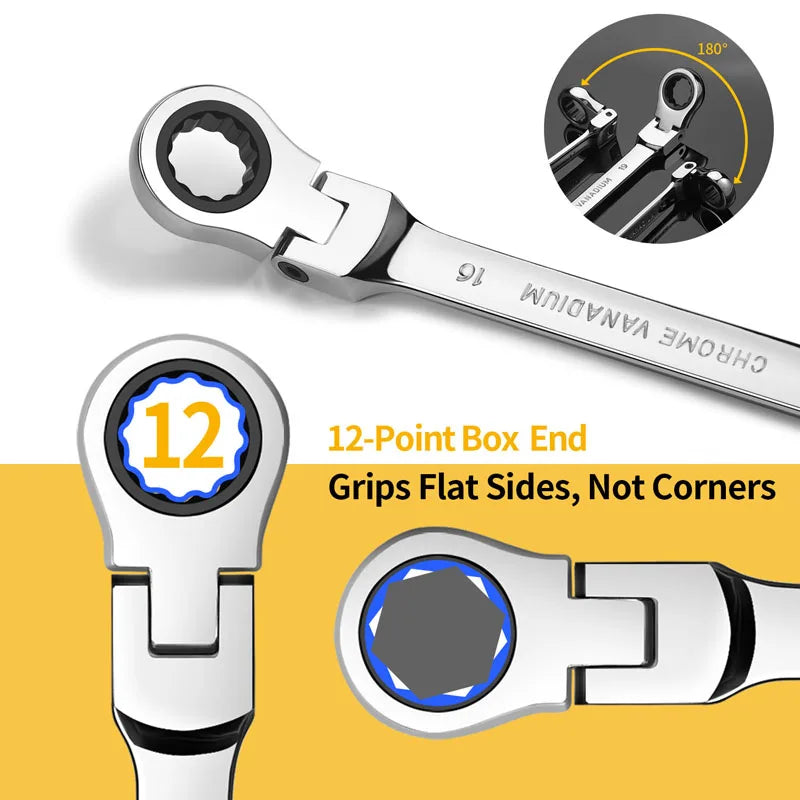 A chrome vanadium steel ratcheting wrench set showing a 12-point box end and an 180 degree angle view.