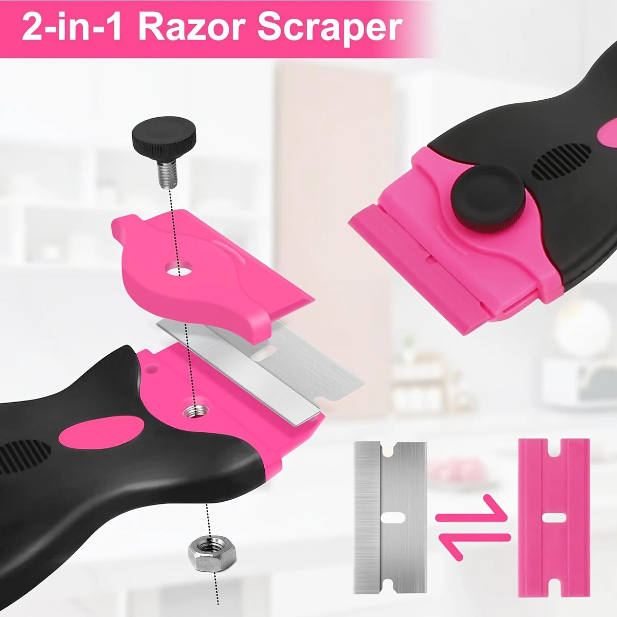 A 2-in-1 pink and black razor scraper set showing a plastic handle and a metal blade for adhesive removal.