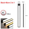 Black 40cm 3 in 1 LED motion sensor under cabinet light with Type-C connection and multiple light strips.