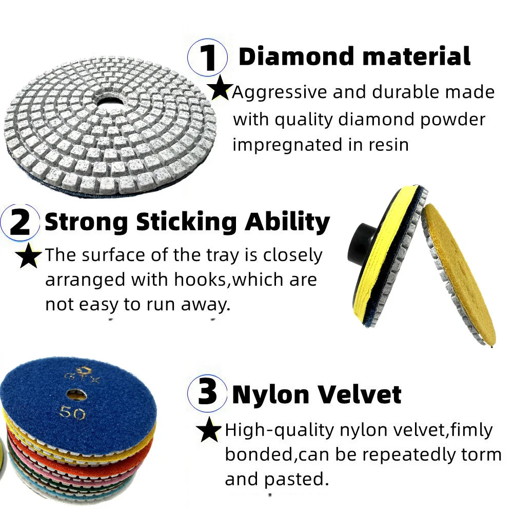 Tres tipos de almohadillas de pulido: una de material de diamante, una con alta adherencia y una de terciopelo de nailon.
