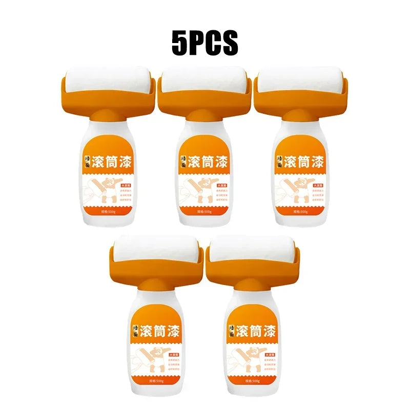 Kit de pintura para reparar paredes con cinco piezas y rodillos, en empaque naranja y blanco.