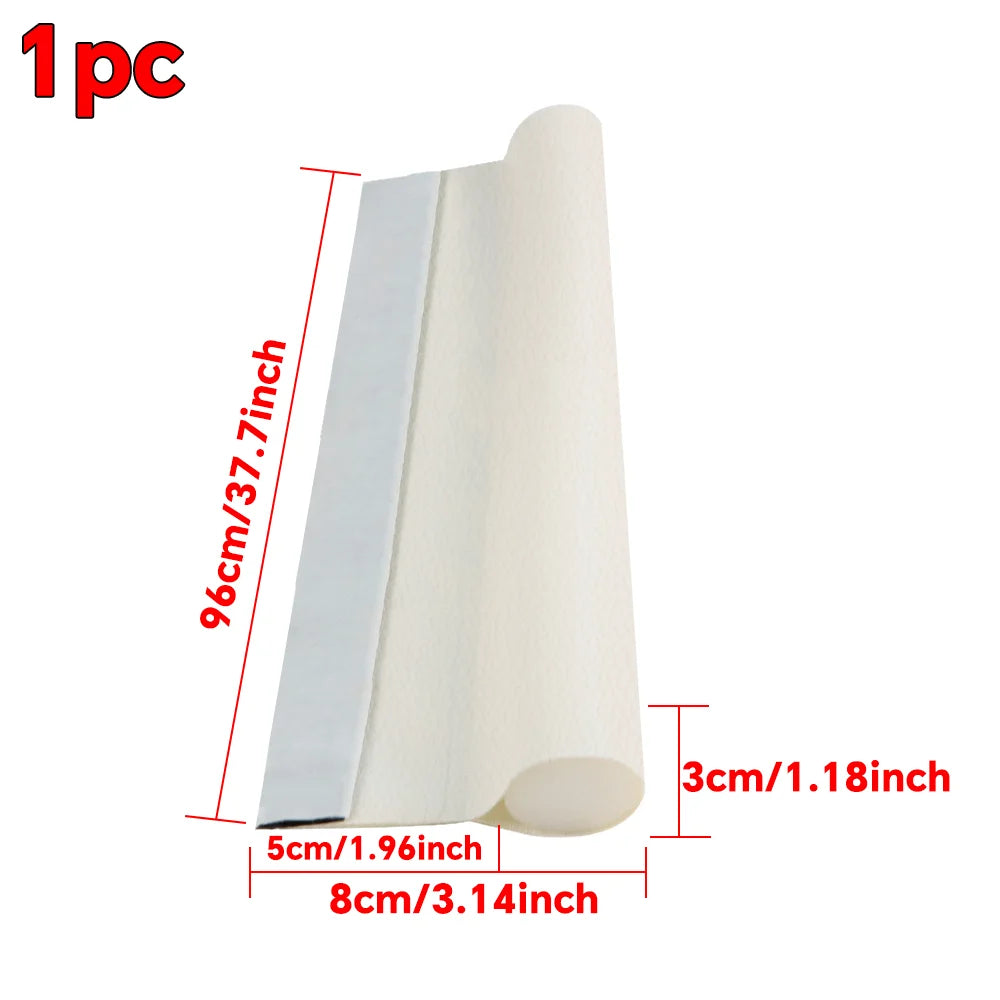A roll of white weather sealing draft stopper with a silver strip, measuring 96cm long and 3cm in diameter.