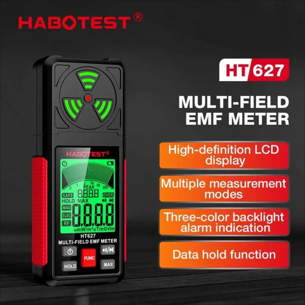 Medidor EMF portátil negro multi-campo con pantalla LCD y botones naranjas.