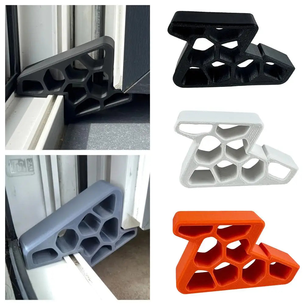 Tres versiones de un tope antideslizante para puertas y ventanas resistentes en negro, blanco y naranja.
