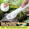 A white handheld transparent viewing window insect trap is shown being held over mossy wood.