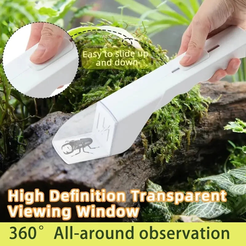 A white handheld transparent viewing window insect trap is shown being held over mossy wood.