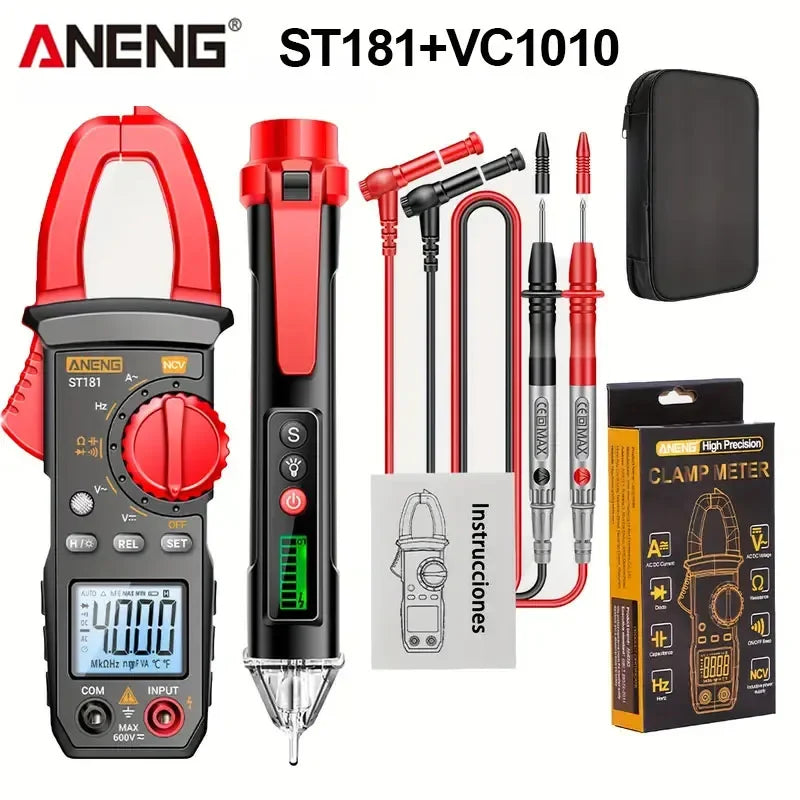 Aneng ST181+VC1010 clamp meter and voltage tester kit with various probes and accessories