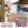 A set of general home hand tools including a hammer, pliers, and various repair instruments displayed on a wooden surface.