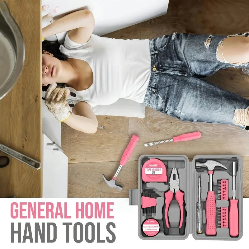 A set of general home hand tools including a hammer, pliers, and various repair instruments displayed on a wooden surface.