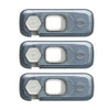 Three pieces of a toddler cabinet safety lock set, featuring a clear plastic lock with a 360 degree opening.