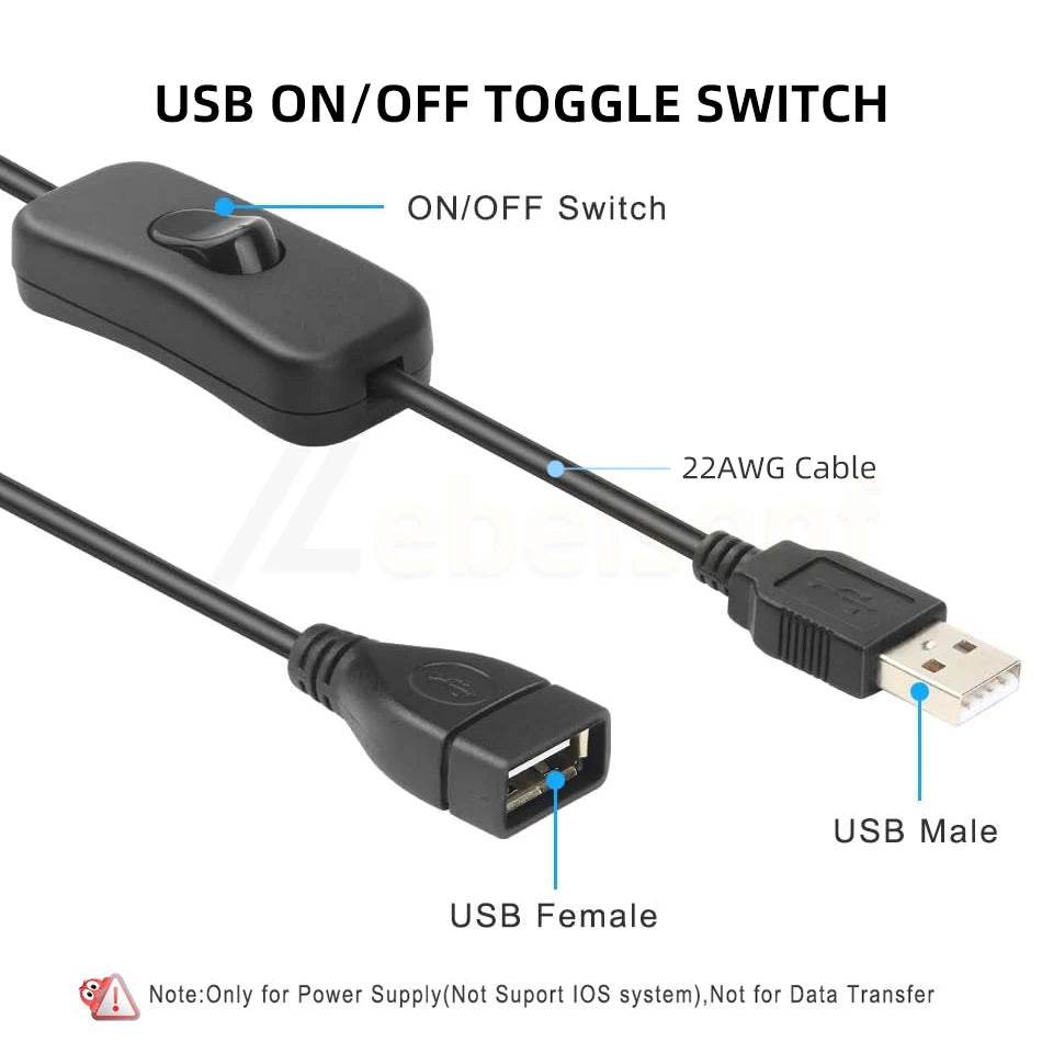 Black USB ON/OFF toggle switch and cable assembly for power supply control