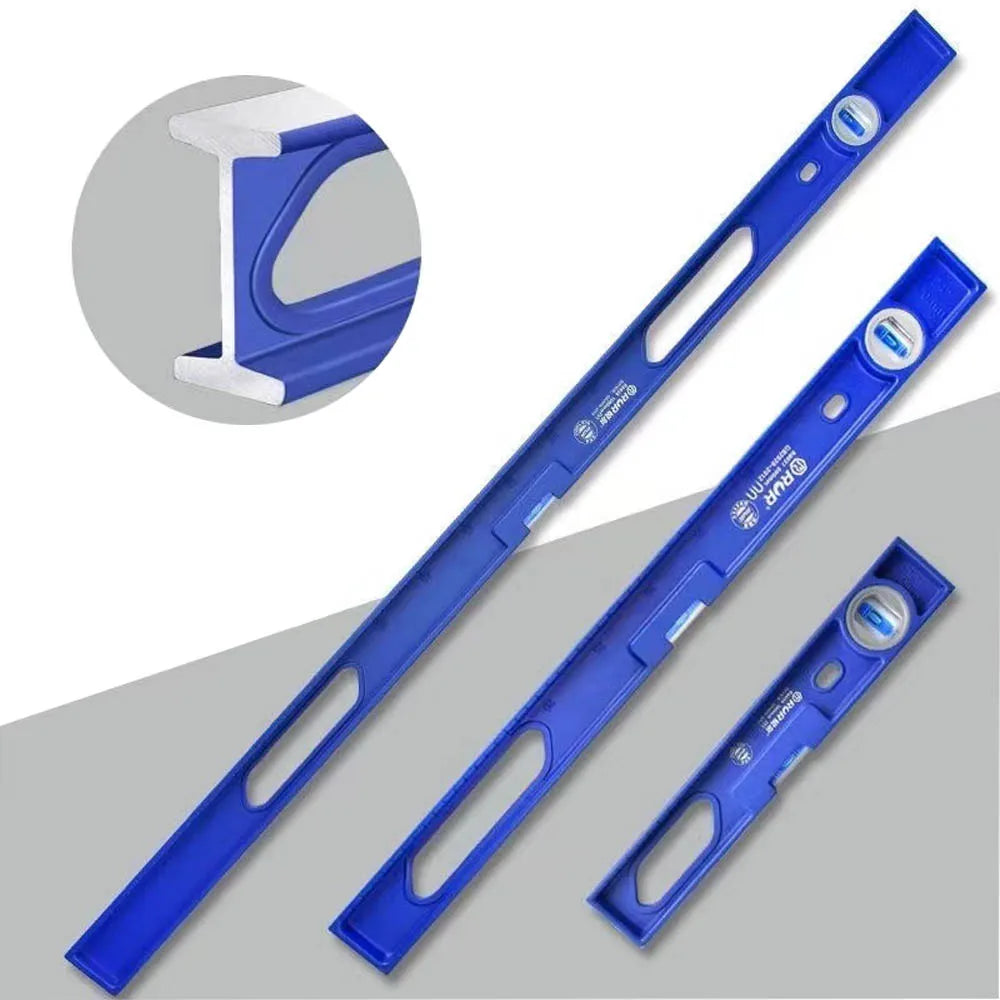 A blue precision aluminum bubble level and angle ruler with a circular inset view.