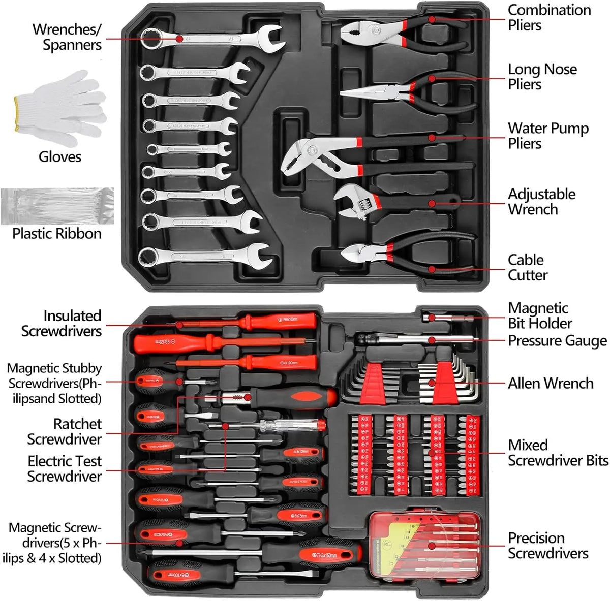 A black tool kit organized in a molded case showing various hand tools like wrenches, pliers, and screwdrivers.