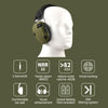 Professional noise reduction ear muffs shown on a white head form with various features listed.