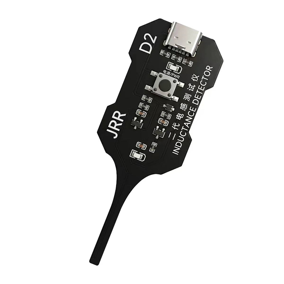 A black JRR D2 inductance tester module with a Type-C connector and multiple sensing points.