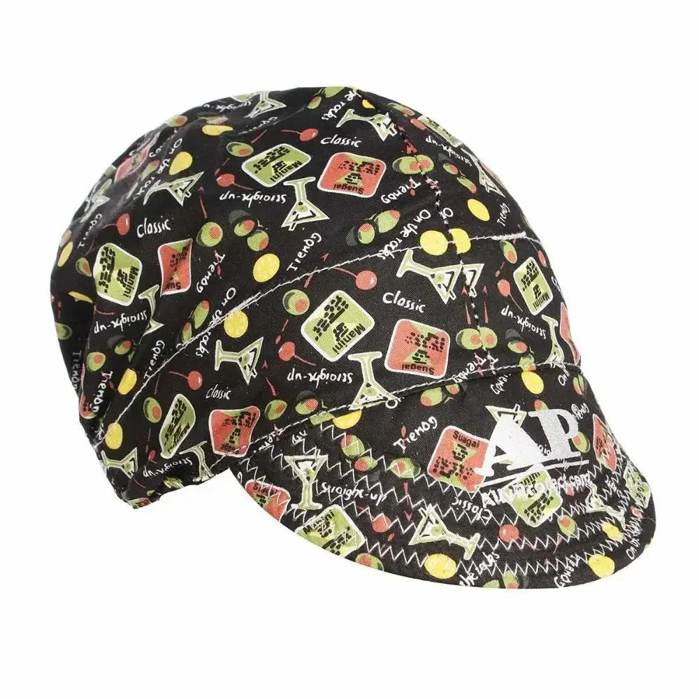 A black durable welding and work cap featuring a pattern of small yellow and green icons.