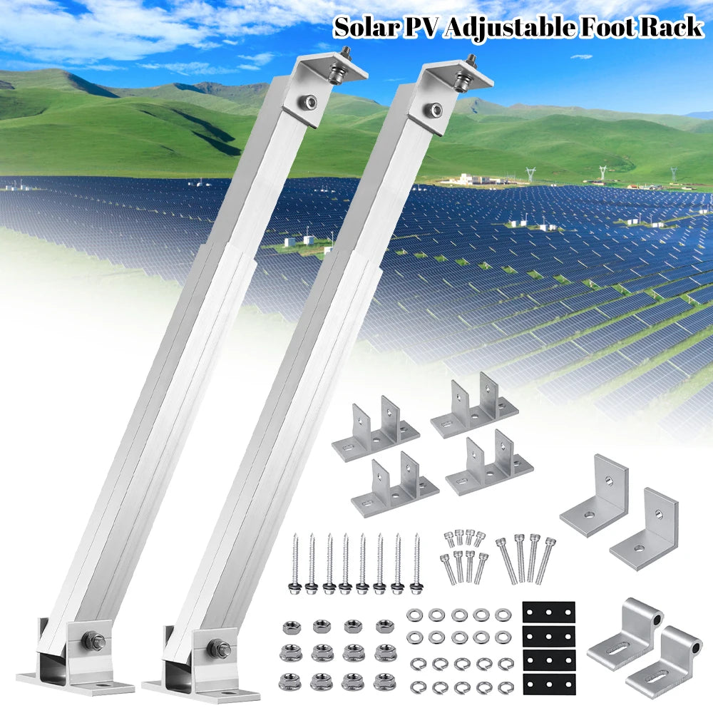 Two silver adjustable foot racks for solar panels with mounting hardware and brackets