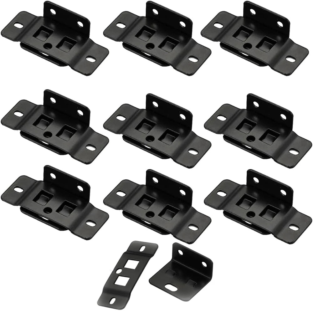 Set of heavy-duty black corner brackets for furniture joints.
