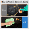 Before and after comparison showing a heavy duty razor blade scraper removing stubborn stains from a surface.